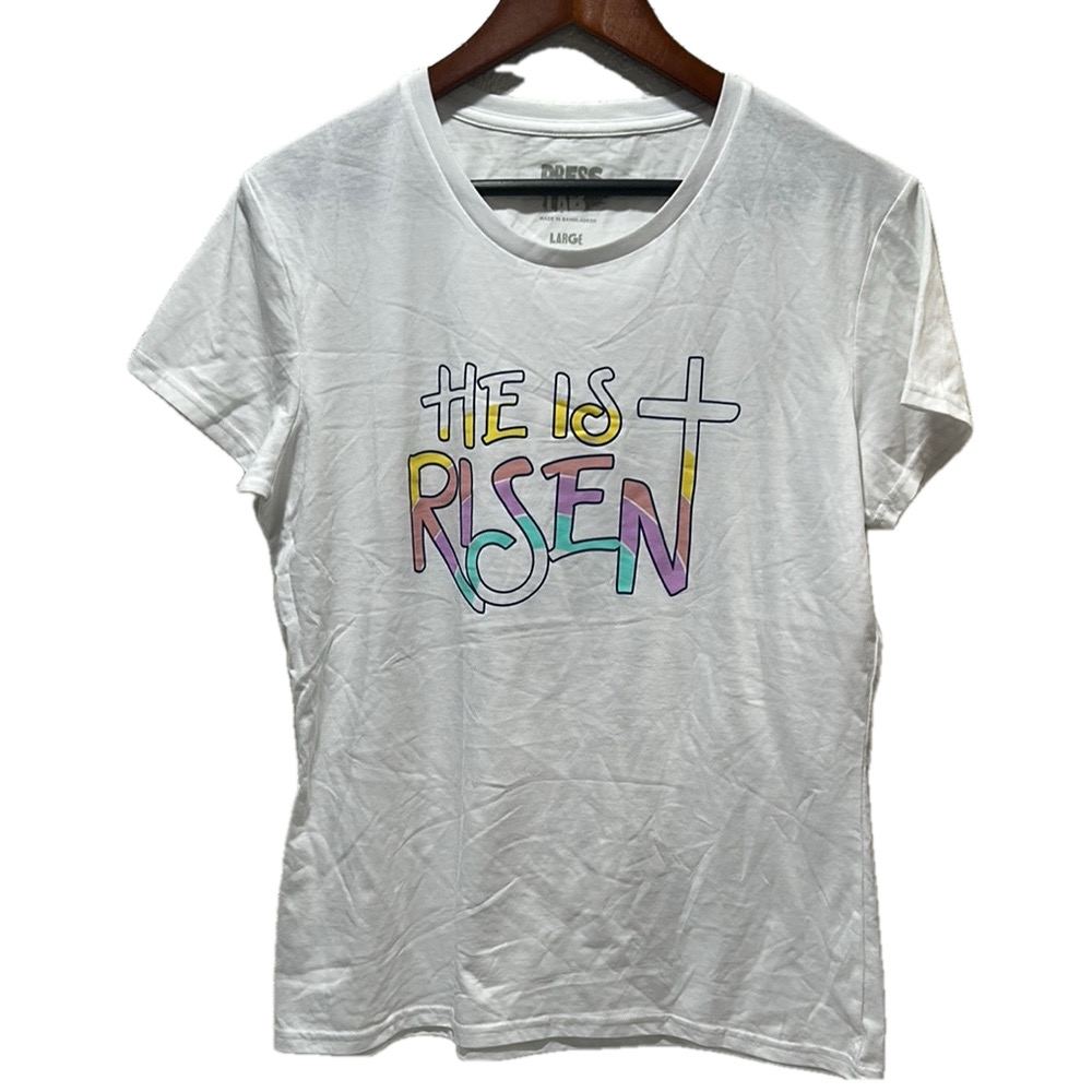 🎬PRESS LAB White Graphic Tee with Pastel Design He is Risen size L New no tags